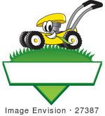#27387 Clip Art Graphic Of A Yellow Lawn Mower Mascot Character In Profile Glancing As It Speeds Past While Chewing On A Blade Of Grass On Top Of A Grassy Hill In The Shape Of A Triangle With A Blank Label On A Logo