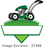 #27388 Clip Art Graphic of a Green Lawn Mower Mascot Character In Profile, Glancing As It Speeds Past While Chewing On A Blade Of Grass On Top Of A Grassy Hill In The Shape Of A Triangle With A Blank Label On A Logo by toons4biz