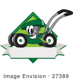 #27389 Clip Art Graphic Of A Green Lawn Mower Mascot Character In Profile On A White Banner Logo