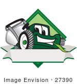 #27390 Clip Art Graphic Of A Green Lawn Mower Mascot Character Facing Front Of A White Banner Logo
