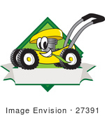 #27391 Clip Art Graphic Of A Yellow Lawn Mower Mascot Character In Profile On A White Banner Logo
