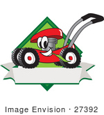 #27392 Clip Art Graphic Of A Red Lawn Mower Mascot Character In Profile On A White Banner Logo