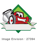 #27394 Clip Art Graphic Of A Red Lawn Mower Mascot Character Facing Front Of A White Banner Logo