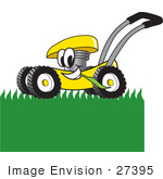 #27395 Clip Art Graphic Of A Yellow Lawn Mower Mascot Character Chewing On Grass And Mowing A Lawn