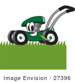 #27396 Clip Art Graphic Of A Green Lawn Mower Mascot Character Chewing On Grass And Mowing A Lawn