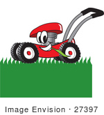 #27397 Clip Art Graphic Of A Red Lawn Mower Mascot Character Chewing On Grass And Mowing A Lawn