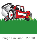 #27398 Clip Art Graphic of a Red Lawn Mower Mascot Character Facing Front and Eating a Blade of Grass While Mowing a Lawn by toons4biz