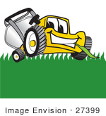 #27399 Clip Art Graphic Of A Yellow Lawn Mower Mascot Character Facing Front And Eating A Blade Of Grass While Mowing A Lawn