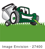 #27400 Clip Art Graphic Of A Green Lawn Mower Mascot Character Facing Front And Eating A Blade Of Grass While Mowing A Lawn