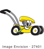 #27401 Clip Art Graphic Of A Yellow Lawn Mower Mascot Character Glancing While Passing By And Chewing On A Blade Of Grass