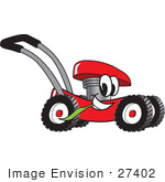 #27402 Clip Art Graphic Of A Red Lawn Mower Mascot Character Glancing While Passing By And Chewing On A Blade Of Grass