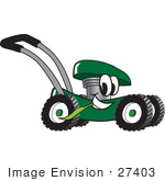 #27403 Clip Art Graphic Of A Green Lawn Mower Mascot Character Glancing While Passing By And Chewing On A Blade Of Grass