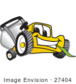#27404 Clip Art Graphic Of A Yellow Lawn Mower Mascot Character Smiling While Chewing On A Blade Of Grass