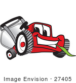 #27405 Clip Art Graphic Of A Red Lawn Mower Mascot Character Smiling While Chewing On A Blade Of Grass