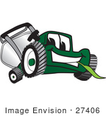#27406 Clip Art Graphic Of A Green Lawn Mower Mascot Character Smiling While Chewing On A Blade Of Grass