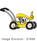 #27408 Clip Art Graphic Of A Yellow Lawn Mower Mascot Character Glancing While Passing By Chewing On Grass And Pointing Upwards