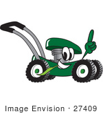 #27409 Clip Art Graphic Of A Green Lawn Mower Mascot Character Glancing While Passing By Chewing On Grass And Pointing Upwards