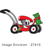 #27410 Clip Art Graphic Of A Red Lawn Mower Mascot Character Chewing On A Blade Of Grass And Holding Up A Dollar Bill While Passing By