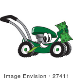 #27411 Clip Art Graphic Of A Green Lawn Mower Mascot Character Chewing On A Blade Of Grass And Holding Up A Dollar Bill While Passing By
