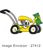 #27412 Clip Art Graphic Of A Yellow Lawn Mower Mascot Character Chewing On A Blade Of Grass And Holding Up A Dollar Bill While Passing By