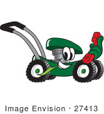 #27413 Clip Art Graphic Of A Green Lawn Mower Mascot Character Chewing On A Blade Of Grass And Holding A Red Phone While Passing By