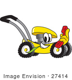 #27414 Clip Art Graphic Of A Yellow Lawn Mower Mascot Character Chewing On A Blade Of Grass And Holding A Red Phone While Passing By