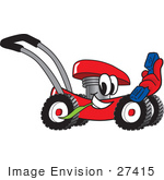 #27415 Clip Art Graphic Of A Red Lawn Mower Mascot Character Chewing On A Blade Of Grass And Holding A Blue Phone While Passing By