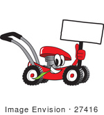#27416 Clip Art Graphic Of A Red Lawn Mower Mascot Character Holding A Blank Sign And Chewing On A Blade Of Grass While Passing By