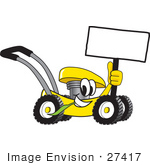 #27417 Clip Art Graphic Of A Yellow Lawn Mower Mascot Character Holding A Blank Sign And Chewing On A Blade Of Grass While Passing By