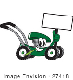 #27418 Clip Art Graphic Of A Green Lawn Mower Mascot Character Holding A Blank Sign And Chewing On A Blade Of Grass While Passing By