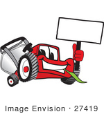 #27419 Clip Art Graphic Of A Red Lawn Mower Mascot Character Facing Front Chewing On A Blade Of Grass And Holding A Blank White Sign