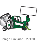 #27420 Clip Art Graphic Of A Green Lawn Mower Mascot Character Facing Front Chewing On A Blade Of Grass And Holding A Blank White Sign