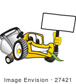 #27421 Clip Art Graphic Of A Yellow Lawn Mower Mascot Character Facing Front Chewing On A Blade Of Grass And Holding A Blank White Sign