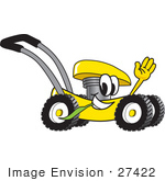 #27422 Clip Art Graphic Of A Yellow Lawn Mower Mascot Character Waving And Chewing On A Blade Of Grass While Passing By