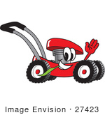 #27423 Clip Art Graphic Of A Red Lawn Mower Mascot Character Waving And Chewing On A Blade Of Grass While Passing By