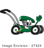 #27424 Clip Art Graphic Of A Green Lawn Mower Mascot Character Waving And Chewing On A Blade Of Grass While Passing By