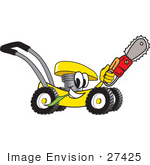 #27425 Clip Art Graphic Of A Yellow Lawn Mower Mascot Character Chewing On A Blade Of Grass And Holding A Saw While Passing By