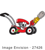 #27426 Clip Art Graphic Of A Red Lawn Mower Mascot Character Chewing On A Blade Of Grass And Holding A Saw While Passing By
