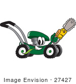 #27427 Clip Art Graphic Of A Green Lawn Mower Mascot Character Chewing On A Blade Of Grass And Holding A Saw While Passing By