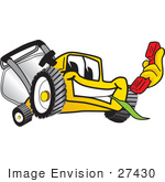 #27430 Clip Art Graphic Of A Yellow Lawn Mower Mascot Character Facing Front Chewing On Grass And Holding A Red Phone