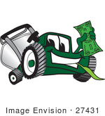 #27431 Clip Art Graphic Of A Green Lawn Mower Mascot Character Facing Front Smiling And Chewing On Grass While Holding A Dollar Bill