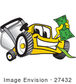 #27432 Clip Art Graphic Of A Yellow Lawn Mower Mascot Character Facing Front Smiling And Chewing On Grass While Holding A Dollar Bill