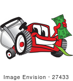 #27433 Clip Art Graphic Of A Red Lawn Mower Mascot Character Facing Front Smiling And Chewing On Grass While Holding A Dollar Bill