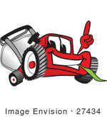#27434 Clip Art Graphic Of A Red Lawn Mower Mascot Character Facing Front Smiling And Eating Grass While Pointing Upwards