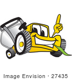 #27435 Clip Art Graphic Of A Yellow Lawn Mower Mascot Character Facing Front Smiling And Eating Grass While Pointing Upwards