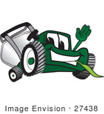 #27438 Clip Art Graphic Of A Green Lawn Mower Mascot Character Waving And Chewing On Grass