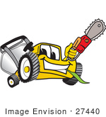 #27440 Clip Art Graphic Of A Yellow Lawn Mower Mascot Character Holding A Red Saw