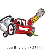 #27441 Clip Art Graphic Of A Red Lawn Mower Mascot Character Holding A Yellow Saw