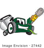 #27442 Clip Art Graphic Of A Green Lawn Mower Mascot Character Holding A Yellow Saw
