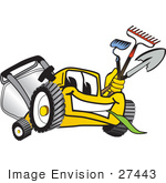 #27443 Clip Art Graphic Of A Yellow Lawn Mower Mascot Character Facing Front Chewing On Grass And Holding Gardening Tools